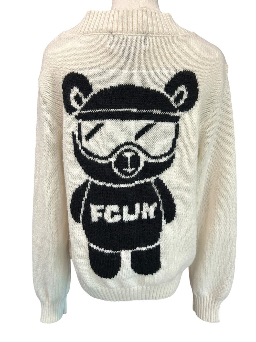 FCUK French Connection NWT Teddy Bear Ski Graphic Cardigan Ivory Sweater XS FLAW